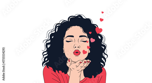 A young woman with curly dark hair blows kisses with red hearts floating around her.