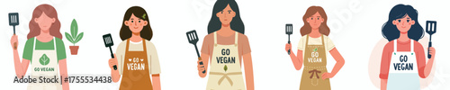 vector of a woman holding a spatula and an apron with the words go vegan