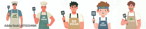 vector of a man holding a spatula and an apron with the words go vegan