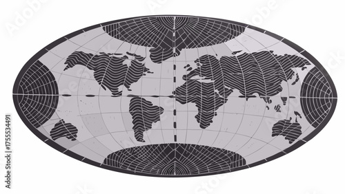 Gray world map with black wavy lines representing landmasses in an oval projection with grid lines