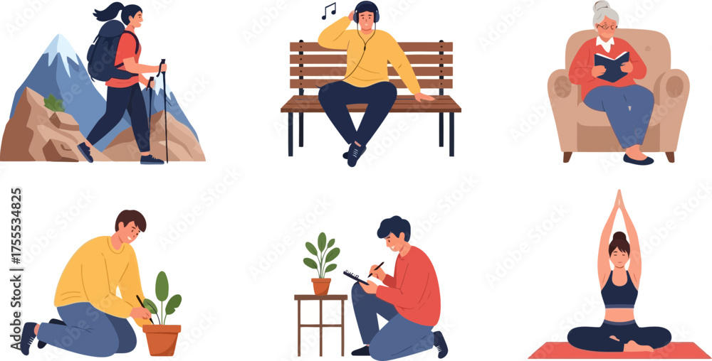 Naklejka premium individual wellbeing diverse paths to peace, hobbies, and personal growth