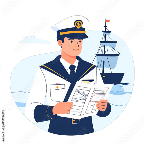 Navy Officer in Dark Blue Uniform Examining a Map Before a Vintage Sailing Ship in a Blue and White Circular Composition, Flat Vector Illustration