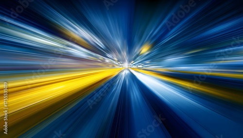 Abstract dynamic motion blur of bright yellow and blue light trails streaking across a dark background creating a sense of speed and energy