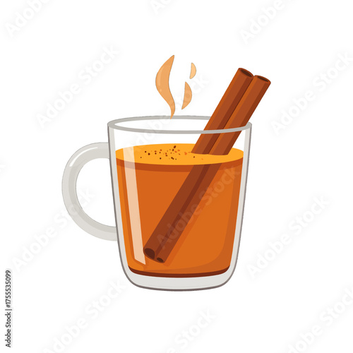 Transparent Glass Mug with Orange Liquid and Cinnamon Sticks on White Background