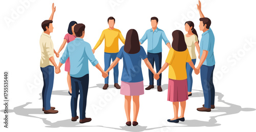 collective engagement diverse group forms circle, raising voices in unison