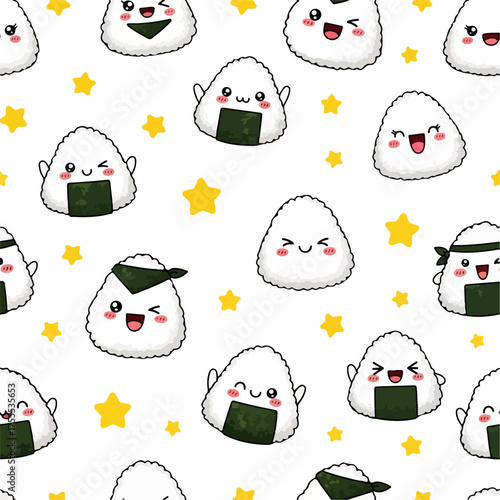 kawaii onigiri and star seamless paattern with white background . suitable for  wrapping paper, textile  and fabric print