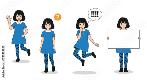 A cartoon girl in a blue dress shows off her playful and expressive poses.