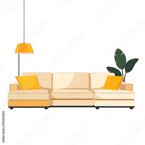 Neutral Colored Sectional Sofa with Yellow Throw Pillows and Floor Lamp with Potted Plant in Clean Modern Interior Vector
