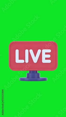 A 3d rendered icon of the word live in white letters on a red rounded rectangle sign with a blue stand against a vibrant green screen background