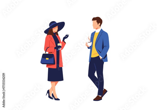 A stylish woman and a man in smart casual attire conversing over coffee drinks.