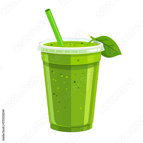 Pixel Art Style Green Smoothie with Straw in Transparent Plastic Cup and Leaf Detail on White Background