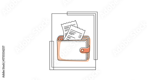 Wallet with receipts and documents in a minimalistic frame design with copy space