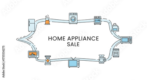 Home appliance sale promotional design featuring various appliances in a connected layout
