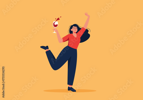 A joyful woman celebrating with a glass of wine in her hand.