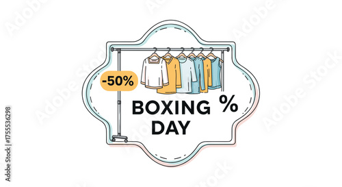 Boxing Day sale promotion featuring clothing rack with 50% discounts and stylish design