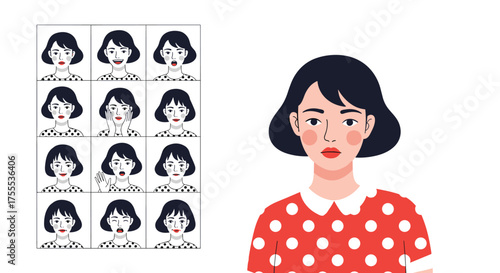 A woman's face displays a range of emotions through various cartoon expressions alongside a detailed portrait showing a subtle sad expression.