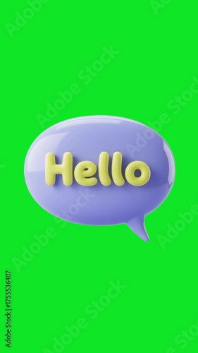 A 3d rendered purple speech bubble with the word hello in bright yellow 3d letters against a vibrant green screen background for easy compositing and design