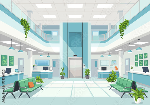 A bright and modern hospital interior with a central elevator and waiting areas.