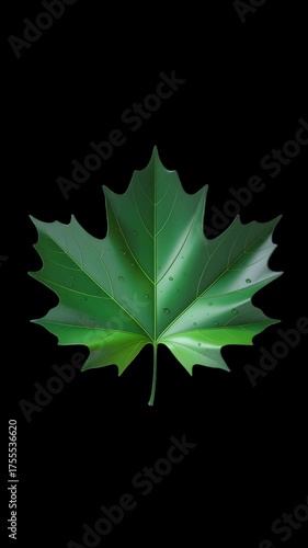 A single vibrant green maple leaf with dew drops glistening on its surface isolated on a pure black background showcasing its intricate veins and glossy texture