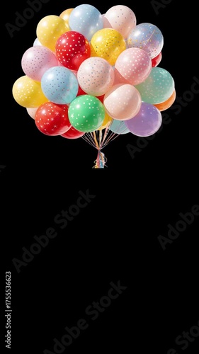 A vibrant cluster of polka dot and patterned balloons in pastel and bright colors floats upwards against a deep black background