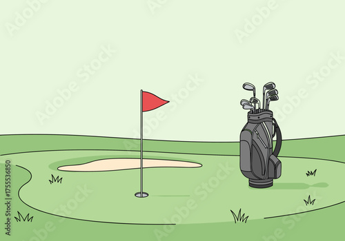 A golf course scene with a flag a sand trap and a golf bag full of clubs.