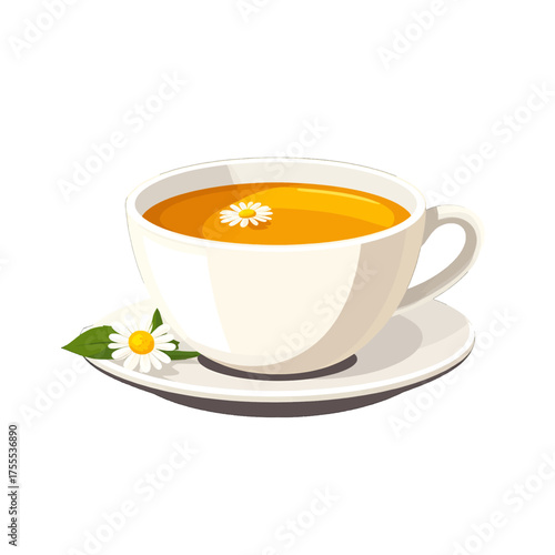 Pixel Art Depiction of Light Yellow Herbal Tea with Chamomile Flower Floating in Ceramic Cup on White Saucer Still Life Digital Illustration