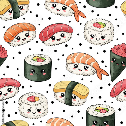 kawaii sushi seamless pattern with white background. suitable for wrapping paper, textile. etc