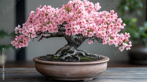 Pink cherry blossom bonsai tree in a brown pot.