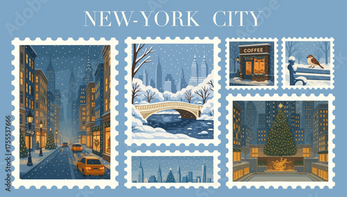NEW YORK CITY CHRISTMAS STAMPS – FESTIVE NIGHT ILLUSTRATIONS OF NYC AT CHRISTMAS