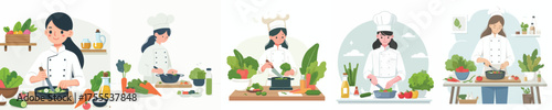 vector female chef cooking fresh vegetables