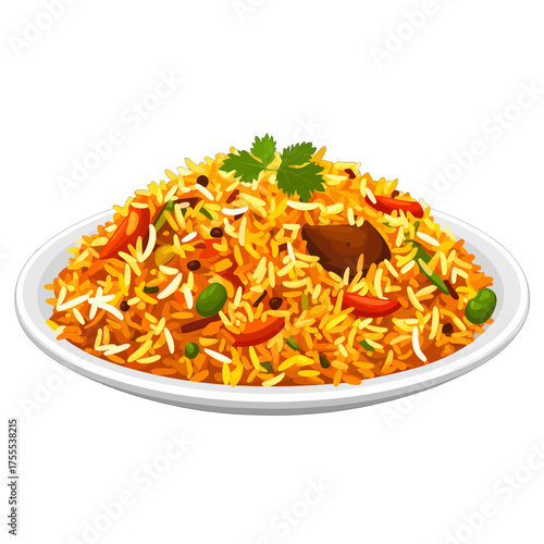 Vibrant Plate of Golden Rice Pilaf with Red Peppers and Green Herbs Detailed Food Illustration Overhead Shot Against Clean White Background