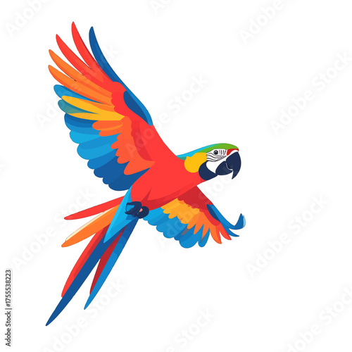 Vibrant Macaw Illustration with Striking Red Blue and Yellow Feathers in Flight on Clean White Background Animal Vector Art