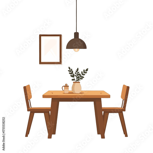 Pixel Art Dining Room with Brown Wooden Table Chairs and Pendant Lamp Against White Background