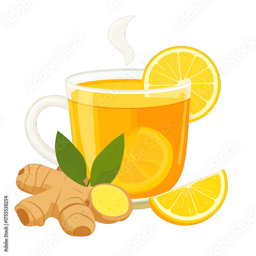 Vibrant Still Life of Golden Herbal Tea with Lemon and Ginger on White Background
