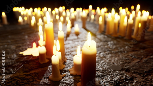 Принти на полотні A multitude of flickering candles fills the space, casting gentle light on a textured surface