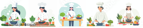 vector female chef cooking fresh vegetables