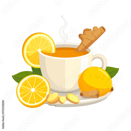 Invigorating White Cup of Steaming Ginger Lemon Tea Drink with Cinnamon and Green Leaves Against a White Background