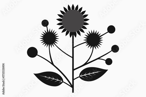 Stylized black flower with leaves and berries Keywords: flower, plant, botanical, nature