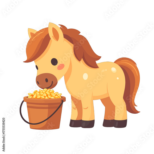 Cute Tan Pony Eating from Brown Bucket in Pixel Art Style on White Background