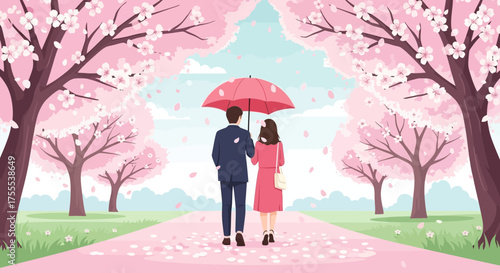Romantic stroll under the cherry blossoms, a couple embracing the beauty of springtime serenity