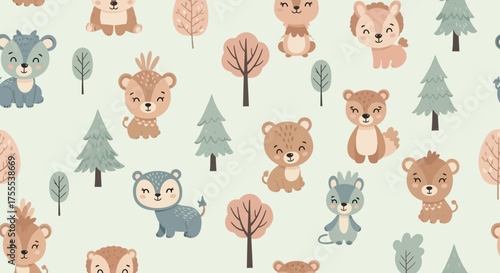 Seamless pattern of cute animals in the forest: bears deers and squirrels among trees adding a