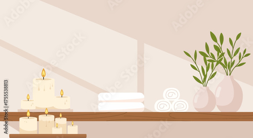 Tranquil spa scene with candles, towels, and plants on a shelf evokes relaxation