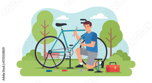 Vector illustration of a man repairing his bicycle in the park on a sunny day activity outdoor