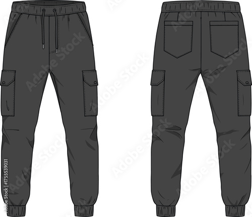 Vector illustration of dark cargo jogger pants with pockets, elastic waistband, drawstring, ankle cuffs, front back technical fashion design