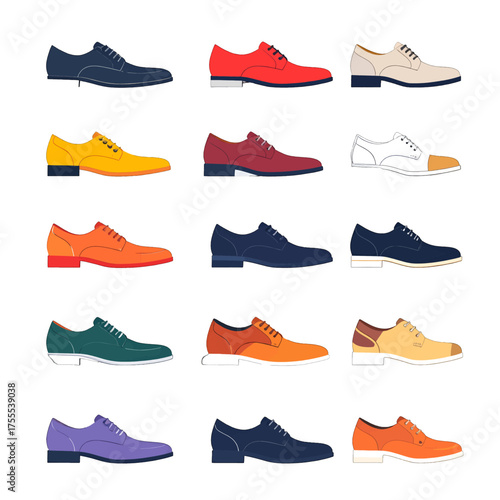 Collection of Pixel Art Men's Dress Shoes in Various Colors Isolated on White Background