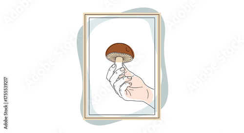 Minimalistic illustration of a hand holding a mushroom in a framed design with copy space
