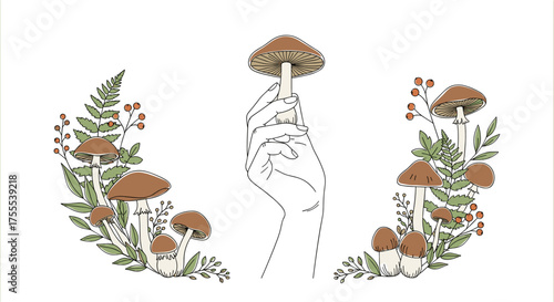 Artistic illustration of hand holding a mushroom surrounded by greenery and copy space
