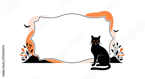 Black cat sitting beside an empty frame in a spooky Halloween theme