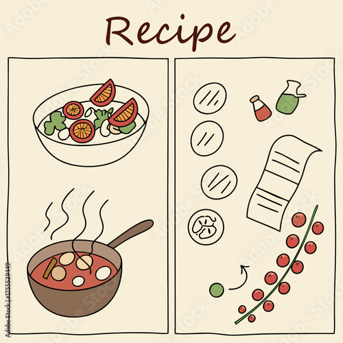 Recipe concept vector template with ingredients and cooking steps, hand-drawn style.