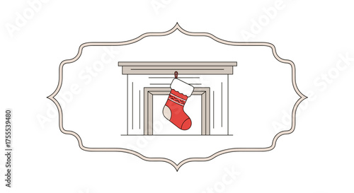 Christmas stocking hanging on a fireplace in a decorative frame for holiday design